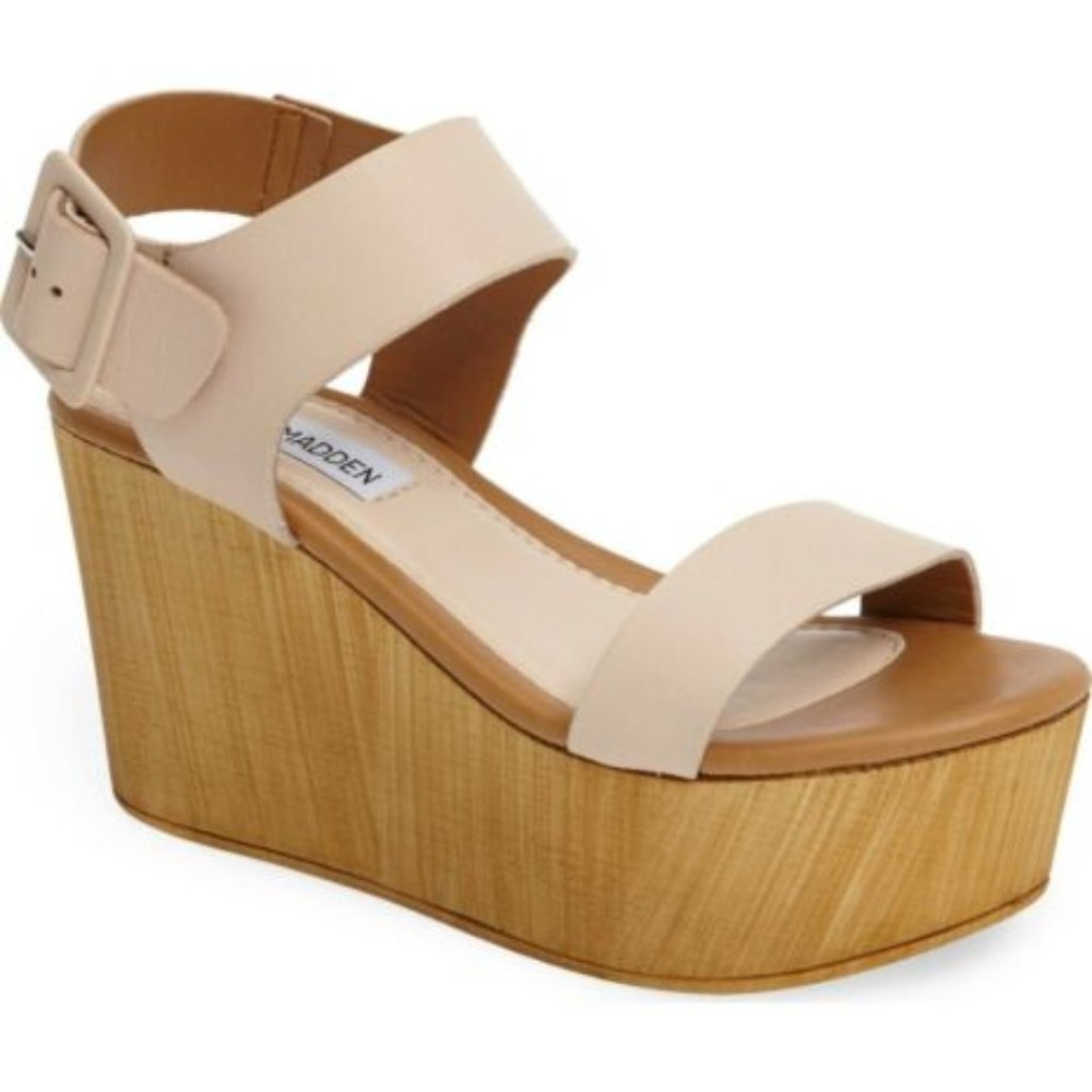 STEVE MADDEN BLUSH LEATHER WOOD HEEL PLATFORM WEDGE SANDALS
